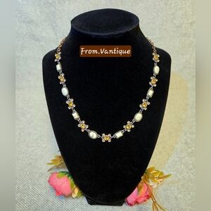 ◽️🟡 Vintage Victorian Rhinestone & Stone Copper Necklace ⛓️